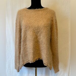 Yaira Fuzzy Eyelash Knit Sweater Camel Tan Crochet Trim Size XL
